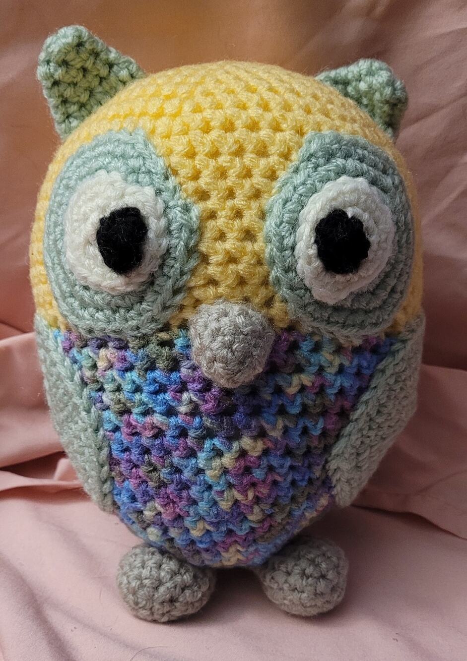 Handmade Crochet Plush Cuddly Owl 7" Yellow, Green, Multicolor